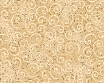 May include: A tan fabric featuring a repeating pattern of cream-colored swirls and spirals. The background texture consists of small, dark brown dashed lines that create a subtle, weathered appearance across the entire surface of the material.