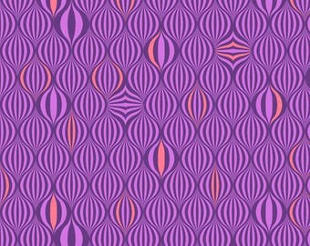 May include: A fabric with a repeating pattern of vertical, oval shapes in shades of purple and lavender, with accents of coral. The design is reminiscent of stylized seed pods or abstract forms. The fabric has a ruler along the bottom edge, with measurements in inches.