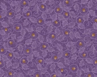 May include: A purple fabric featuring a repeating pattern of light purple oak leaves and swirling vines interspersed with small brown acorns. The design is set against a textured, darker purple background, creating a dense, continuous botanical print.