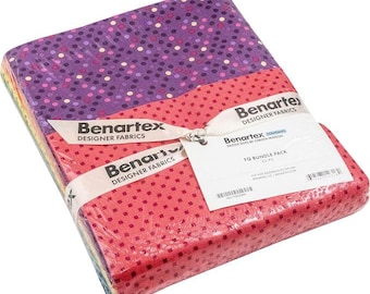May include: A stack of fabric squares wrapped in clear plastic with a white ribbon labeled Benartex Designer Fabrics. The top fabric is purple with multi-colored dots, and the second is coral with small dark red squares. Includes a product tag.