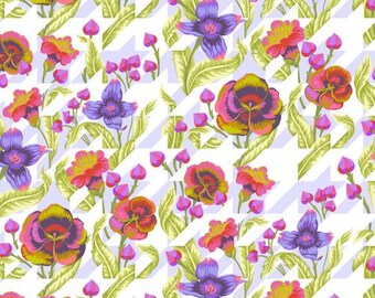 May include: A floral fabric design featuring colorful flowers in shades of pink, purple, and yellow. The flowers are set against a white background with a light blue and white houndstooth pattern. Green leaves and buds complete the design.