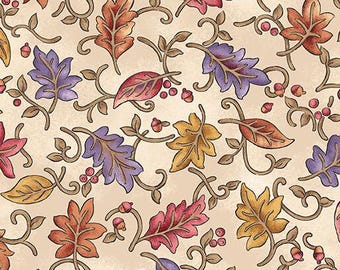May include: A fabric pattern featuring a light beige background with a repeating design of autumn leaves in shades of red, orange, yellow, and purple, interspersed with brown swirling vines and small clusters of red berries and acorns.