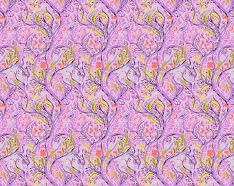 May include: A repeating pattern of stylized floral and vine elements in shades of purple, pink, and green. The design features curving branches with leaves and small flowers on a light purple background. The fabric has a delicate, whimsical feel.
