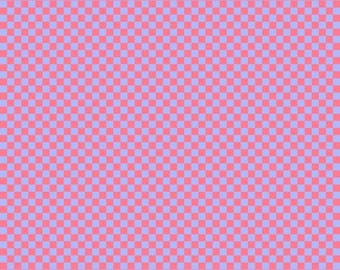 May include: A fabric with a repeating checkerboard pattern. The squares alternate between a light pink and a light purple color. The image includes a ruler along the bottom edge, with measurements in inches.