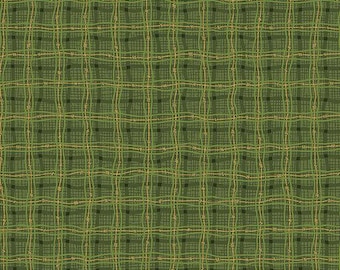 May include: A fabric pattern featuring a dark olive green background with a grid of intersecting wavy lines in lighter shades of green and thin, golden-yellow horizontal and vertical threads that create a textured, woven appearance throughout.