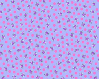 May include: A fabric with a repeating pattern of pink polka dots and small purple floral designs on a light blue background. The fabric has a ruler along the bottom edge with the words "Free Spirit" and "freespiritfabrics.com".