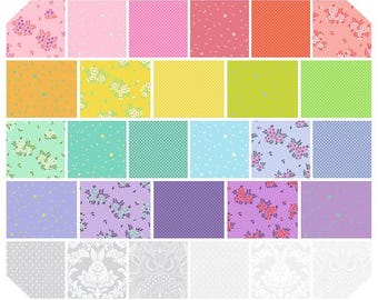 May include: A collection of fabric swatches in various colors and patterns. The swatches include floral, polka dot, and geometric designs in shades of pink, yellow, green, blue, and purple. Some swatches have a white background with a bunny or owl design.