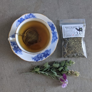 May include: A cup of tea with a tea infuser in a blue and white teacup and saucer. A bag of Moroccan Mint tea with a camel illustration and the text "MOROCCAN MINT TEA" is on a gray surface next to a sprig of green herbs with purple flowers.