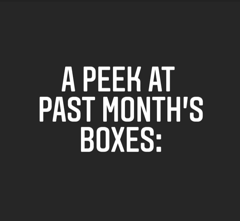 May include: A dark grey background with white text. The text reads "A PEEK AT PAST MONTH'S BOXES:" in a bold, sans-serif font. The text is centered.