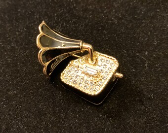 Vintage Black and Gold Phonograph with Rhinestones