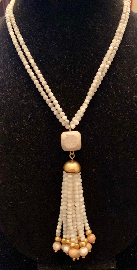 Vintage White Beaded Necklace with Tassel
