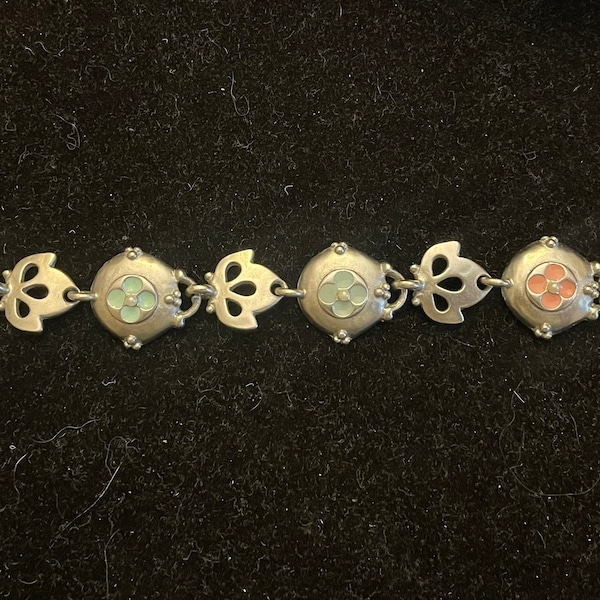 Vintage C.Stein Silver Tone Bracelet with Pink and Blue Flower Links