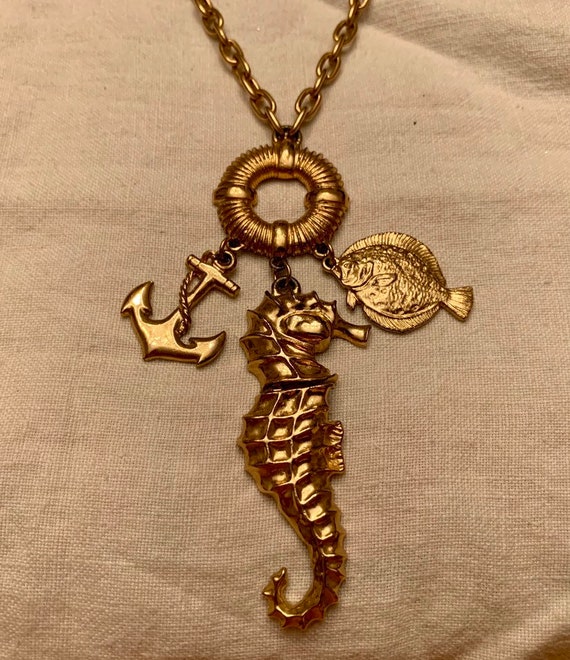 Vintage Gold Seahorse Necklace with anchor,fish a… - image 1