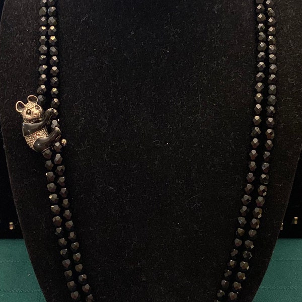 Vintage Black Beaded Double Strand Necklace with 928 Silver Panda with Marcasites