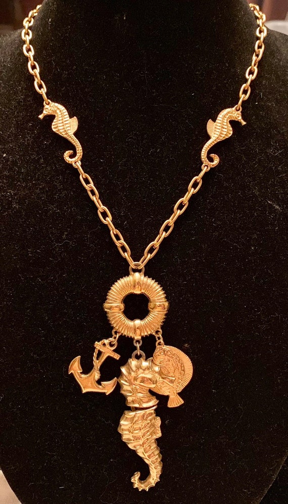 Vintage Gold Seahorse Necklace with anchor,fish a… - image 2