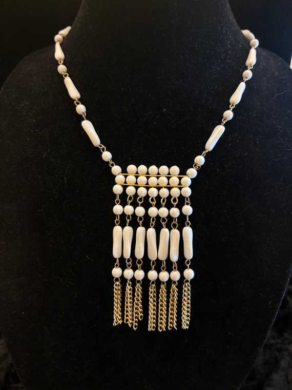 Vintage Boho Style White Beaded Dangle Necklace