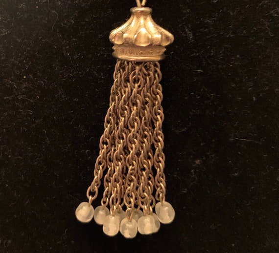 Vintage Gold Tone Tassel Necklace with Clear Art … - image 2