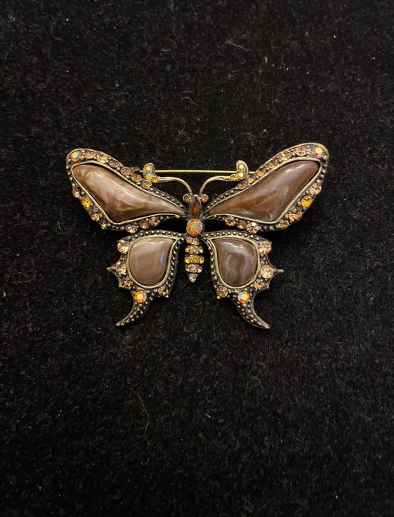 Vintage Brown Butterfly Brooch with Iridescent an… - image 1