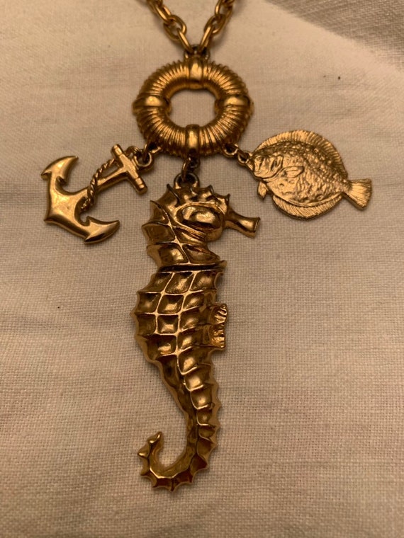 Vintage Gold Seahorse Necklace with anchor,fish a… - image 3