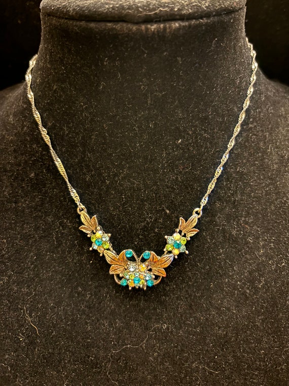 Vintage Silver Tone Necklace with Turquoise Rhine… - image 1