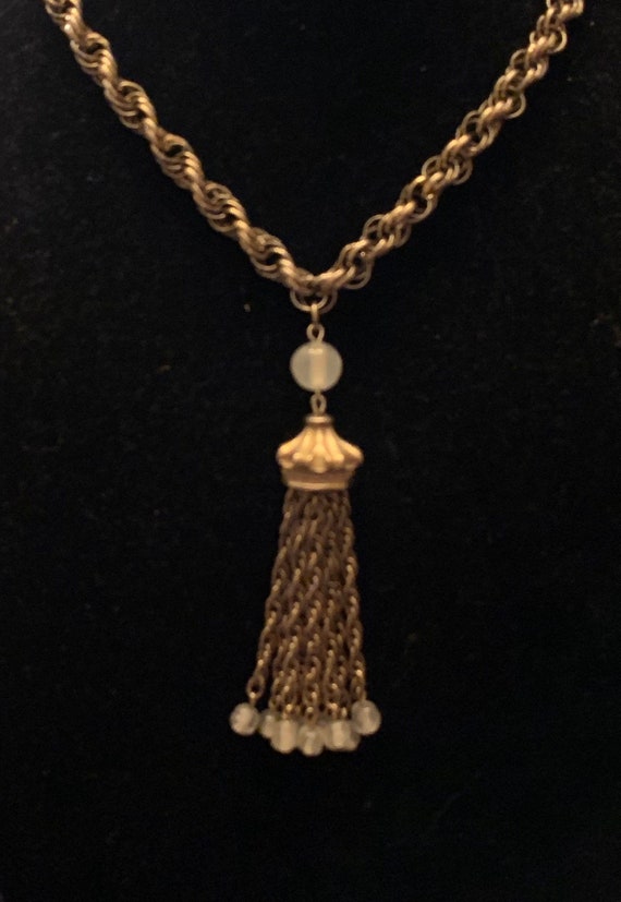 Vintage Gold Tone Tassel Necklace with Clear Art … - image 1