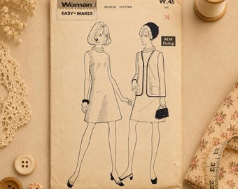 1969 Mod Shift Dress Jacket Sewing Pattern | Retro A-Line Outfit Size 14