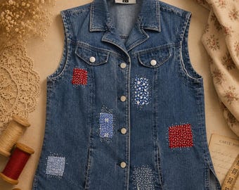 Upcycled Denim Boro Patchwork Vest | Hand Stitched Boho Jacket, Japanese Sashiko Style