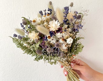 Gedroogde bloem Bruiloft boeket, bruidsmeisjes boeketten, vaas middelpunt, bloemstuk, distel, wit en blauw, vaas vuller