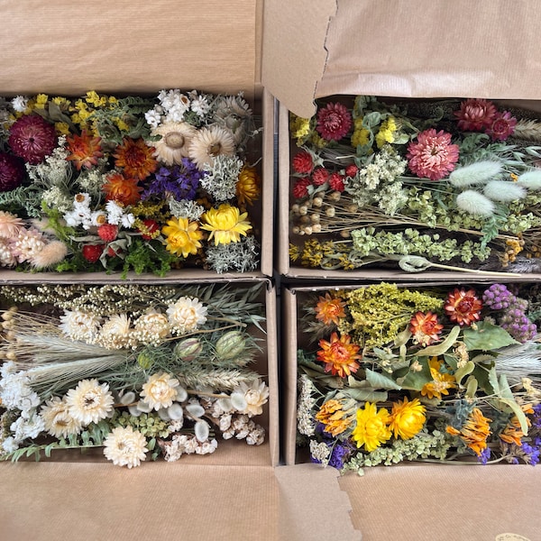 Scatole artigianali con mix di fiori secchi naturali, forniture botaniche essiccate e conservate, fiori di campo, bouquet fai da te per decorazioni autunnali per matrimoni, decorazioni per regali, resina