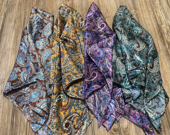 Western Wild Rags, Beautiful Satin Paisley Bandanas, Silk Hair Scarf, Western Fashion, Purple, Gold, Gray, Black