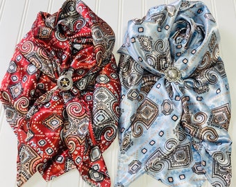 Aztec Wild Rags, Red Aztec Satin Scarf, Blue Aztec Satin Square Scarf