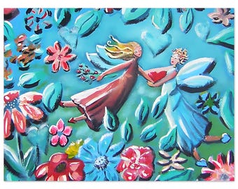 Fairy Friendship Art Print, Whimsical Folk Painting, Floral Garden Wall Art, Colorful Nursery Decor, Girls Room Poster, Best Friend Gift