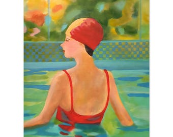Lucie Walker Morning Swim Fine Art Print | Colourful Poolside Figurative Artwork