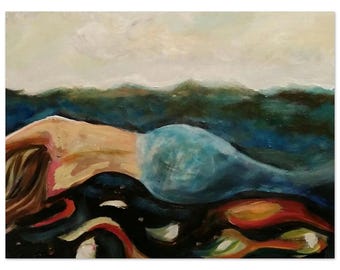Resting Mermaid Print, Coastal Wall Art, Whimsical Ocean Artwork, Colourful Figurative Painting, Gift for Her
