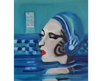 Cool Blue Woman | Coastal Bathroom Art Print | Pool House Wall Decor | Vintage Glamour Swimming Art | Blue Wall Art for Beach House