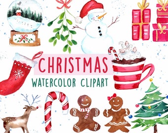 Watercolor Christmas Clipart - Hand painted - Digital Download - Graphics
