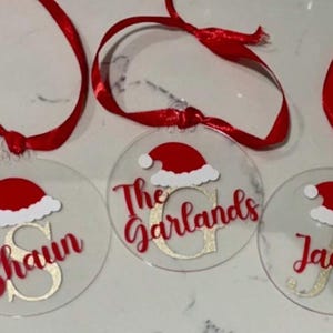 Personalized Santa Hat Initial Ornament Custom Name Acrylic Christmas Bauble Holiday Gift Keepsake Clear Round Family Ornament