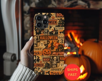 Retro Gruselige Halloween Collage Handyhülle Spooky Vintage Ästhetische iPhone 16 15 14 13 12 Pro Max Samsung S24 S23 Halloween Handyhülle