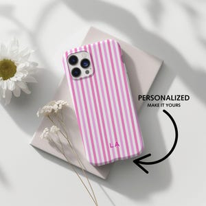 Personalized Pink Phone Case Custom Monogram iPhone Case Aesthetic Pink Striped Phone Case Summer Coastal Phone Case Preppy Beachy