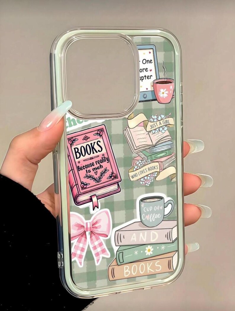 May include: Clear phone case with a green and white gingham pattern. The case features book-themed stickers, including a pink book with the text "BOOKS Because reality is meh", a stack of books, and a coffee cup. A pink bow is also included.