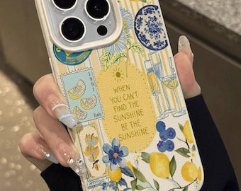 Sunshine Lemon Floral iPhone Case Be the Sunshine Quote Cover Yellow Blue Aesthetic Phone Case  Cottagecore Citrus Design