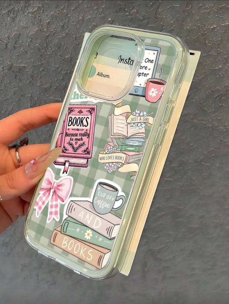 May include: Clear phone case with a green and white checkered pattern. The case features stickers of books, a pink bow, a coffee cup, and the text "BOOKS", "JUST A GIRL", and "WHO LOVES BOOKS".