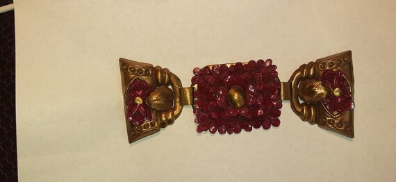 Huge Carved Belt Buckle, Art Nouveau, Red Celluloi