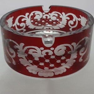 Vintage 1960&#39;s Czech Crystal Ashtray. Red Cut to Clear Crystal