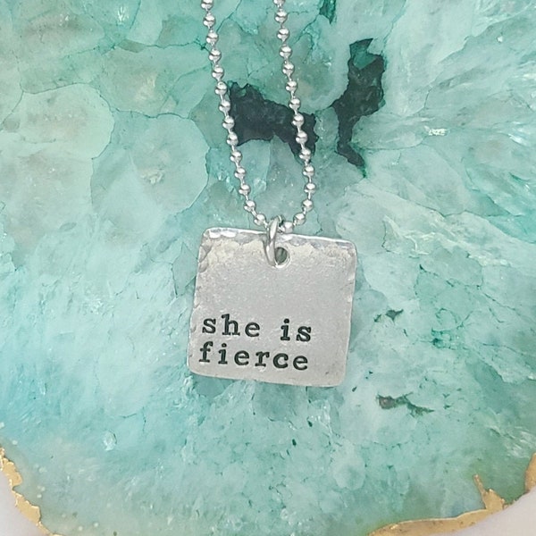 She Is Fierce Hand Stamped Necklace, Positive Messages for Girls, Self Care Gifts, Stamped Square Shaped Jewelry for Her