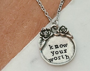 Unique Necklaces for Teenage Girls, Know Your Worth Silver Necklace, Stamped Typewriter Font, Cute Daughter Jewelry Gift, Floral Pendant