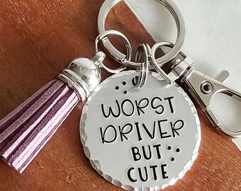 Worst Driver But Cute Keychain, Cute Girly Key Chain with Tassel, Hand Stamped Funny Gifts for Girlfriend, Bad Driver Accessories
