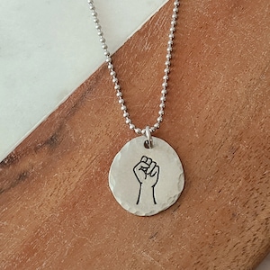 Feminist Jewelry, Hand Stamped Resist Necklace, Power Fist Pendant, Justice Fist Jewelry, Fist Up Stamped Pewter, Women&#39;s Rights