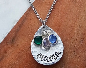 Mama Necklace with Birthstones, Mother's Day Jewelry, Hammered Texture Silver Jewelry, Affordable Birthday Gift for Mom