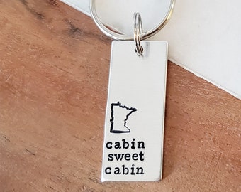 Minnesota Cabin Sweet Cabin Keychain, Minnesota Gifts, MN Cabin Gift, Lake Life Gifts for Him, Metal Stamped Key chain Made in Minnesota